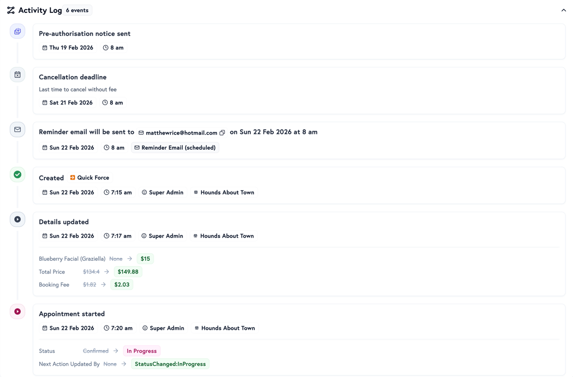 Petboost appointment activity log showing a timeline of status changes, payments, and notifications