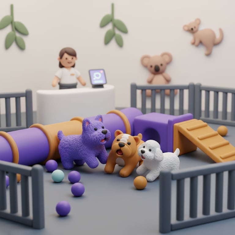 Happy dogs playing in a professional daycare facility