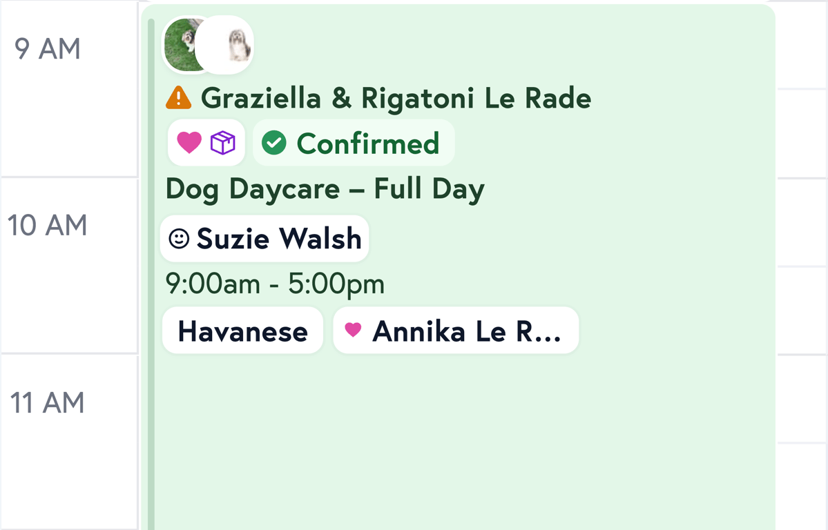 Petboost scheduler showing consolidated multi-pet appointment card with per-pet duration bars