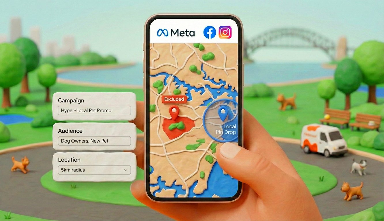 Pet business owner configuring hyper-local Meta ad targeting on Facebook and Instagram
