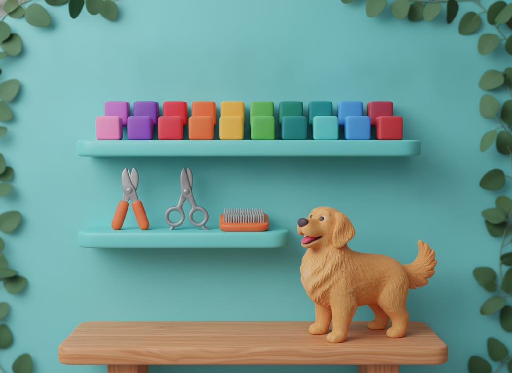 3D clay illustration of two shelves on a teal wall, the lower one holding clippers, shears and a slicker brush and the upper one holding twelve blank blocks in different colours