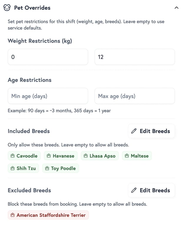 Per-session breed, weight, and age eligibility