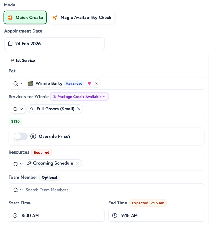 Petboost Quick Create form showing direct time and service selection