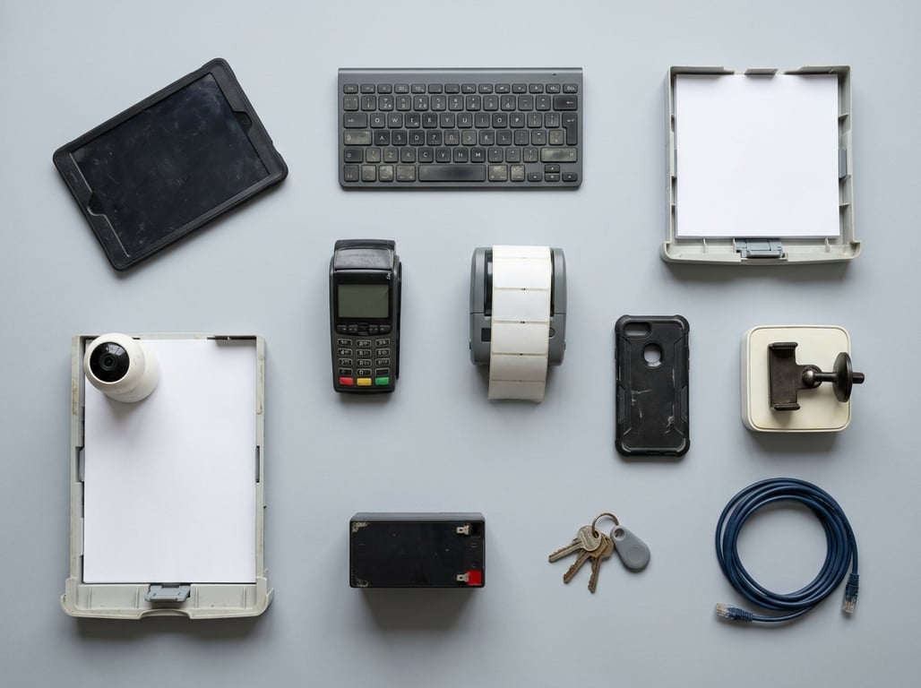 Overhead flat-lay of a tablet, keyboard, card terminal, label printer, printer paper tray, security camera, phone in a rugged case, mount, mesh wifi node, UPS and keys with a tracker