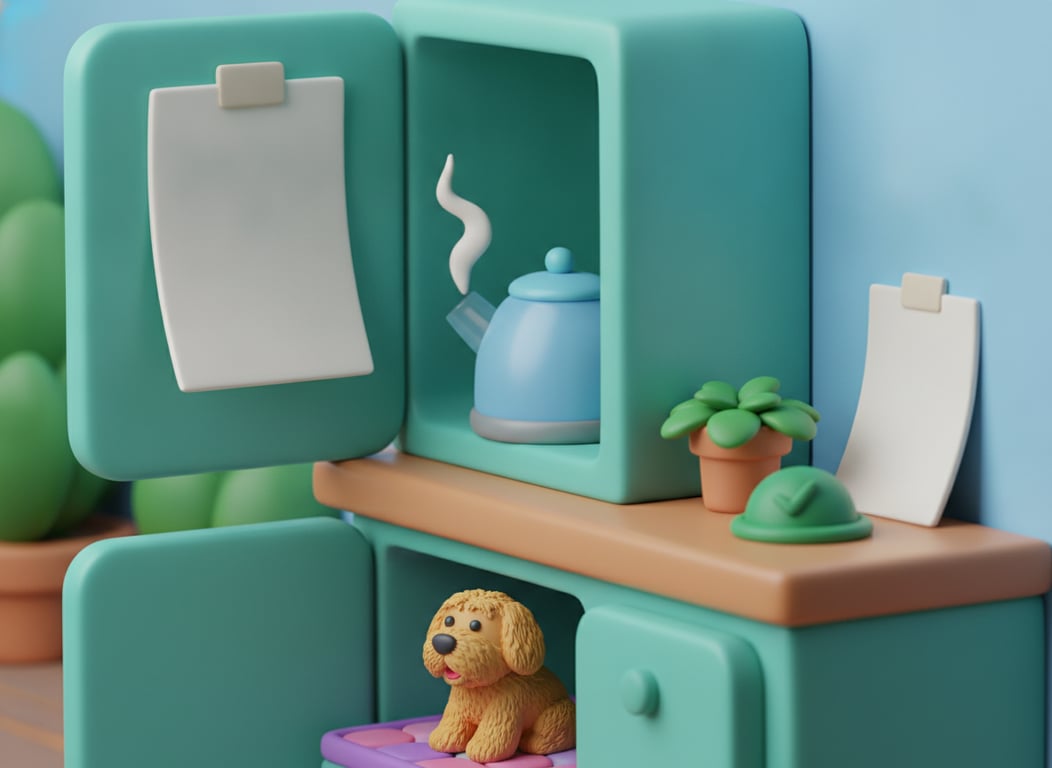 3D clay illustration of a teal cupboard door standing open with a curled blank sheet taped inside, a kettle steaming on the bench below, and a crisp new sheet beside a green tick