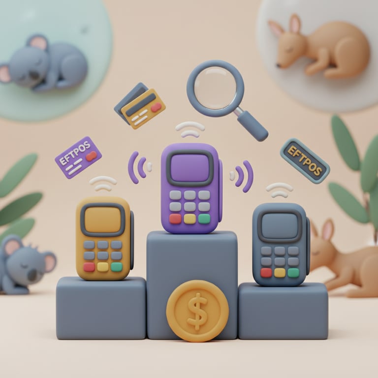 Kukla 3D illustration comparing payment terminals on podiums with floating cards, tap-to-pay icons and an Australian dollar coin