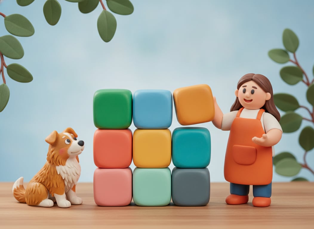 3D clay illustration of nine blank blocks in different bright colours stacked in a three by three grid, one of them lifted out and held up by a pet business owner in an orange apron, with a dog sitting alongside