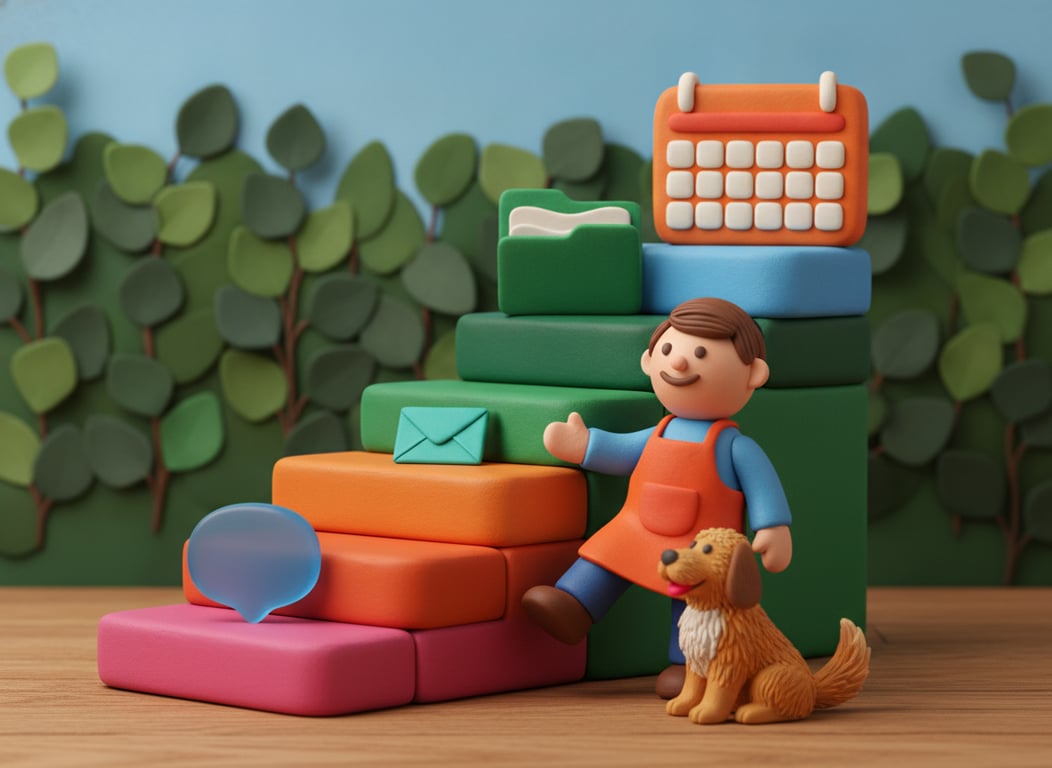 3D clay illustration of four rising steps in bright clay colours, each holding one object: a speech bubble, a folded card, an open folder and a wall planner, with a pet business owner and a happy dog at the bottom step