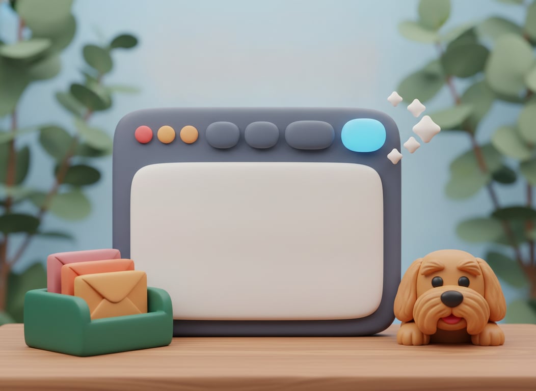 3D clay illustration of a browser window with a row of plain tabs and the last one highlighted in sky-blue with sparkles beside it, a green letter tray stacked with envelopes on the desk and a dog resting its chin on the edge