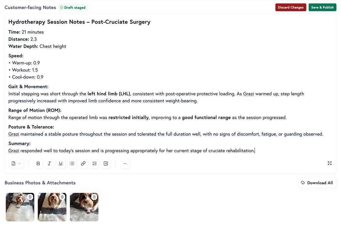 Petboost session notes with customer-facing and internal notes