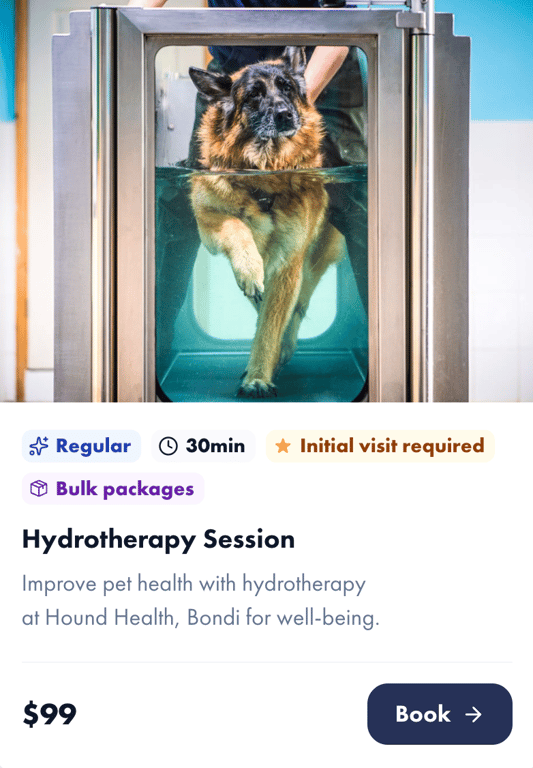 Hydrotherapy Session service card showing service image, badges for regular service, 30 minute duration, initial visit required, and bulk packages, with pricing and book button