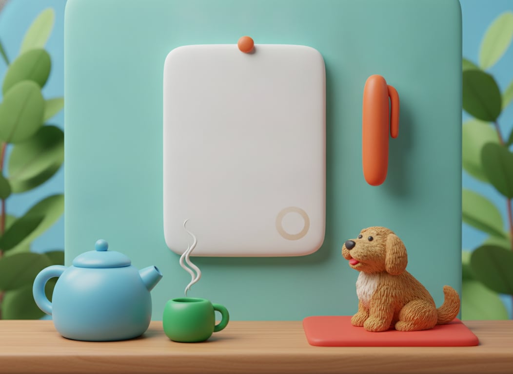 3D clay illustration of a single blank page hanging at eye height by the kettle with a faint tea ring on it, a pen on a string beside it and a steaming kettle on the bench below