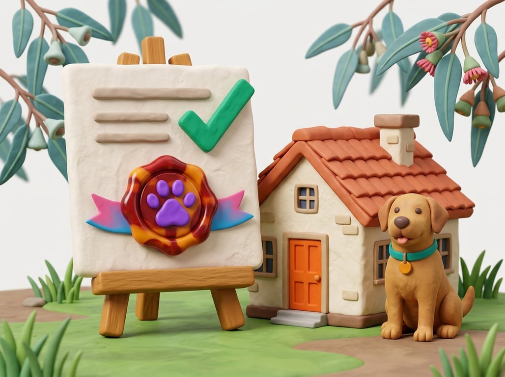 A 3D clay-style illustration of a permit certificate with a paw seal and a green tick beside a small house and a dog, in the Petboost brand style