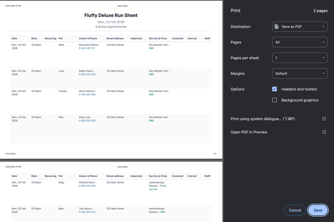 Petboost scheduler export options showing CSV and PDF download