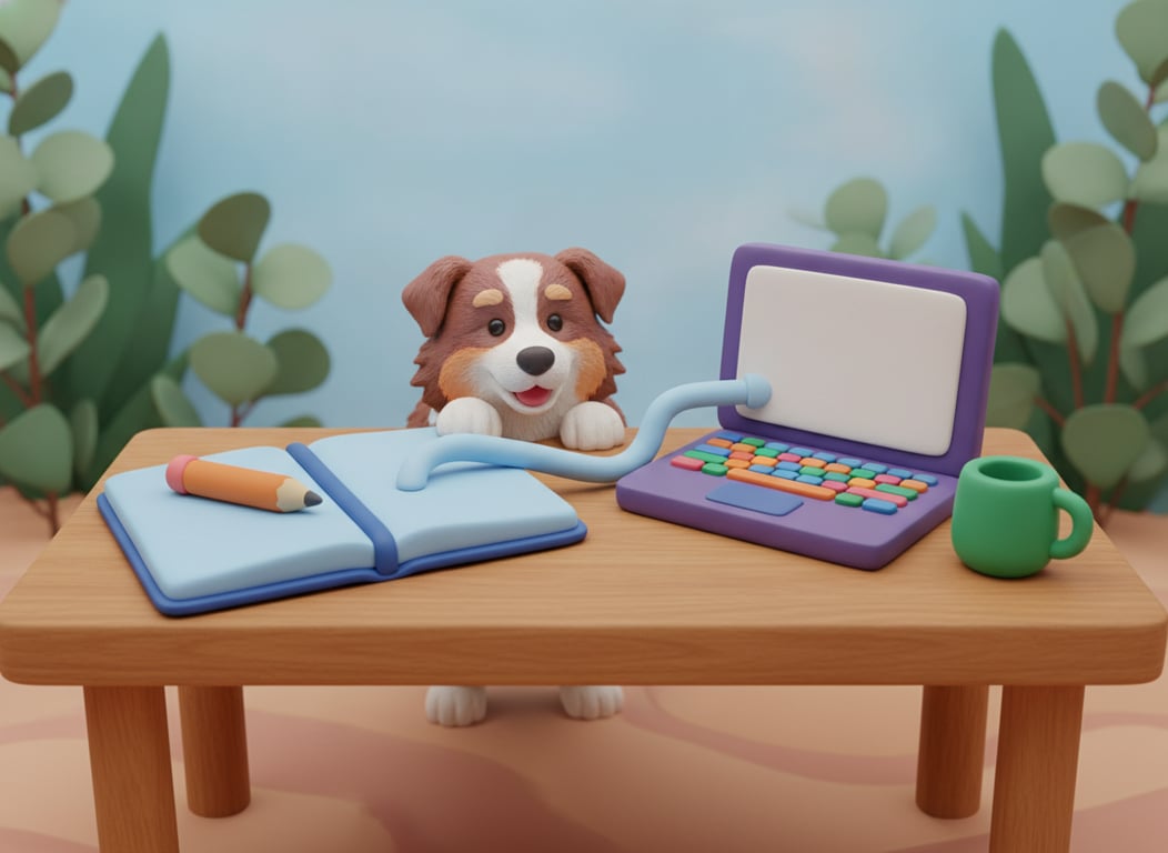 3D clay illustration of an open notebook with blank pages on a timber desk, a sky-blue ribbon flowing from its spine into a laptop screen, with a pencil and a mug beside it