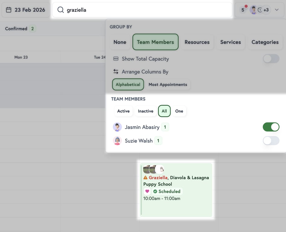 Petboost scheduler with search active showing highlighted matching appointments