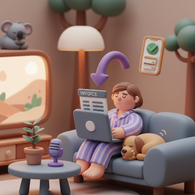 Kukla 3D illustration of a pet business owner on a Sunday night couch as manual invoicing transforms into an automatic payment notification, with a sleeping dog beside them