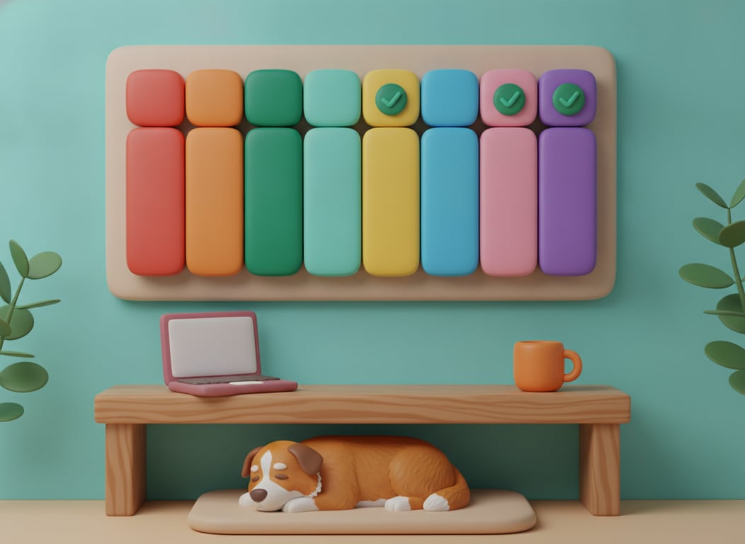 3D clay illustration of a colourful wall planner where three of the columns carry a green tick and the rest are left blank, with a closed laptop and a mug on the bench below and a dog asleep underneath