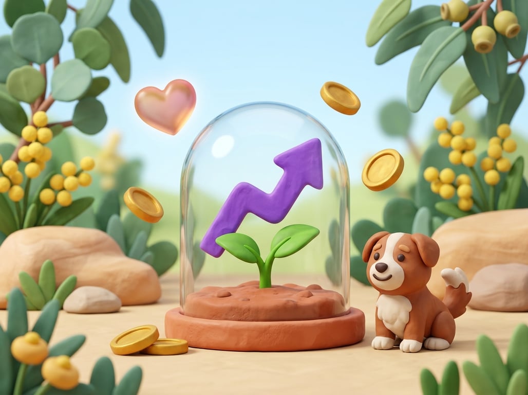 A 3D clay-style illustration of a clear glass dome over a growing plant with a rising arrow, a heart and gold coins, in the Petboost brand style