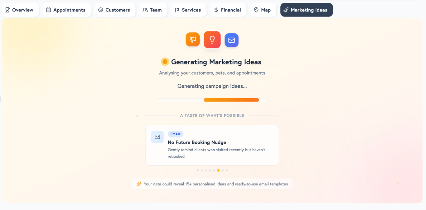 Ready-to-send email carousel showing personalised email templates with segment sizes and one-tap send