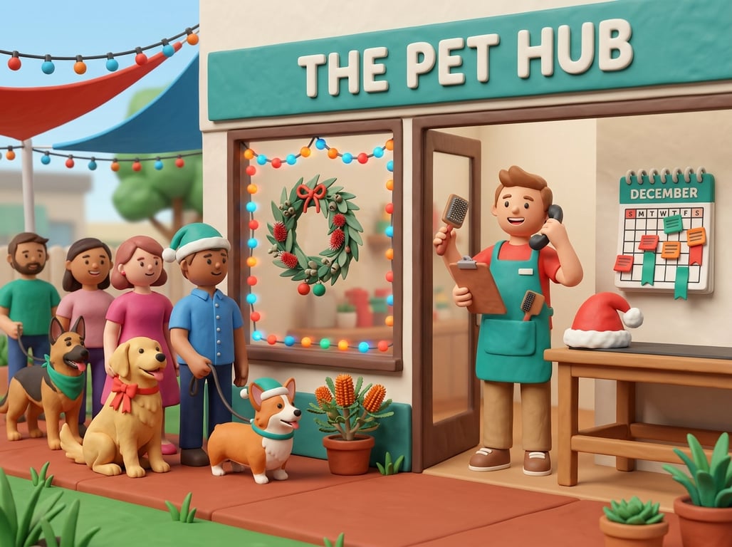 Busy pet boarding facility during the holiday season with dogs in play areas