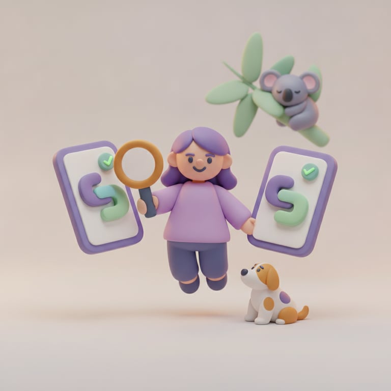 A 3D clay-style illustration of a person comparing two app screens with a magnifying glass while a curious dog watches, in the Petboost brand style