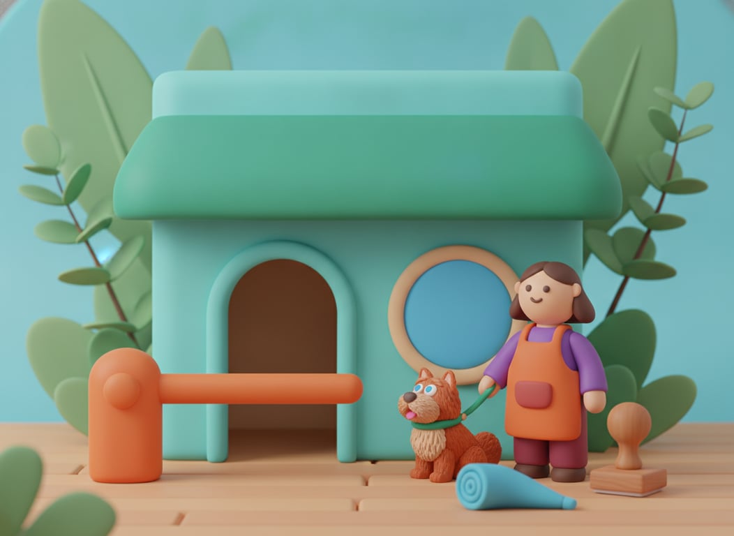 A 3D clay pet business shopfront with an orange barrier arm lowered across the open doorway, and the owner and their dog waiting at the gate beside a rolled plan and a rubber stamp