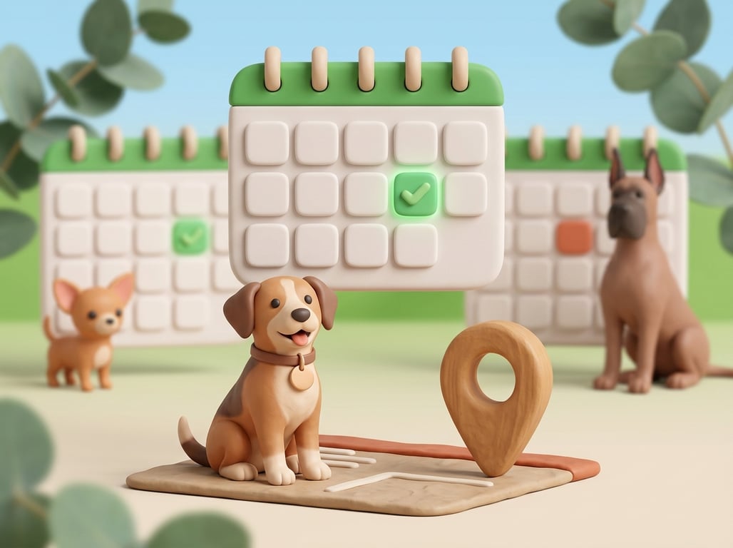 A 3D clay-style illustration of a friendly dog and a map pin in front of a calendar with one glowing green available slot, with two other differently sized dogs beside their own calendars showing different slots, in the Petboost brand style