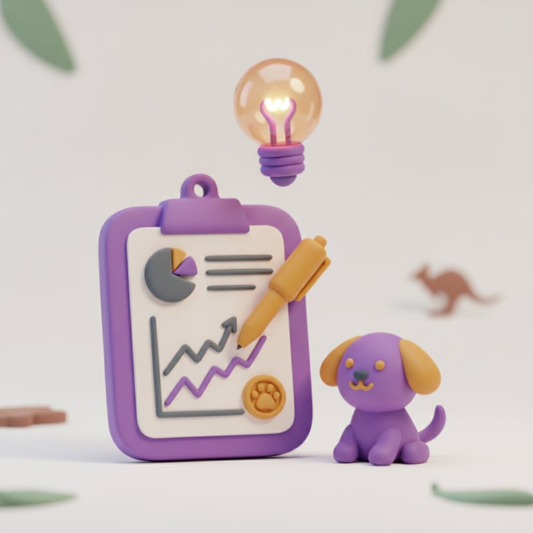 A 3D clay-style illustration of a clipboard business plan with charts, a pen and a glowing lightbulb beside a small dog, in the Petboost brand style
