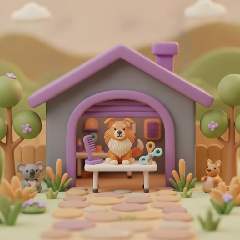 A 3D clay-style illustration of a suburban home with a grooming station in the open garage and a happy dog, in the Petboost brand style