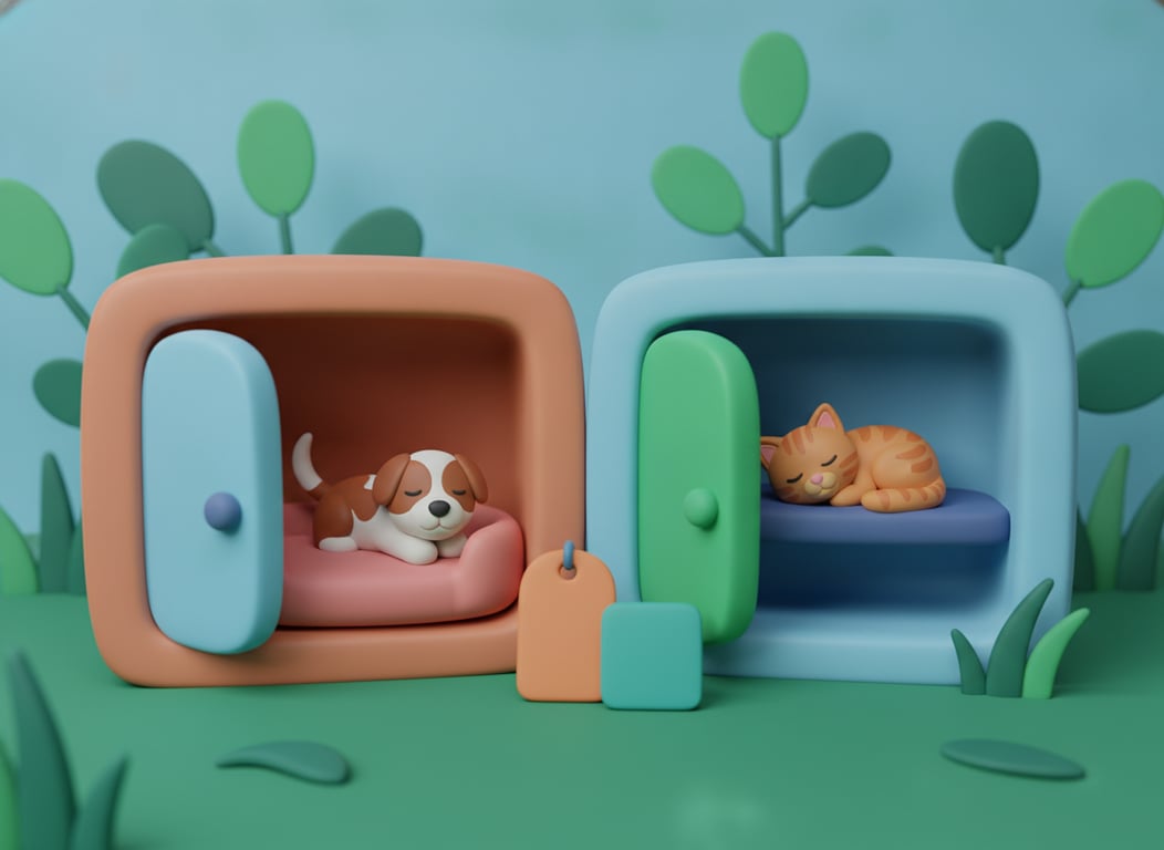 3D clay scene of a dog asleep in a boarding suite beside a cat asleep in a cattery suite, with a blank tag in front