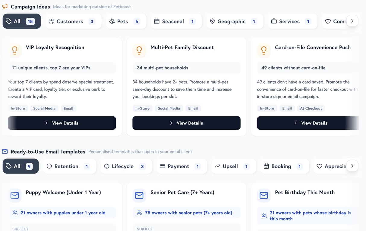Marketing Ideas tab showing data-driven campaign suggestions with ChatGPT and Canva prompts