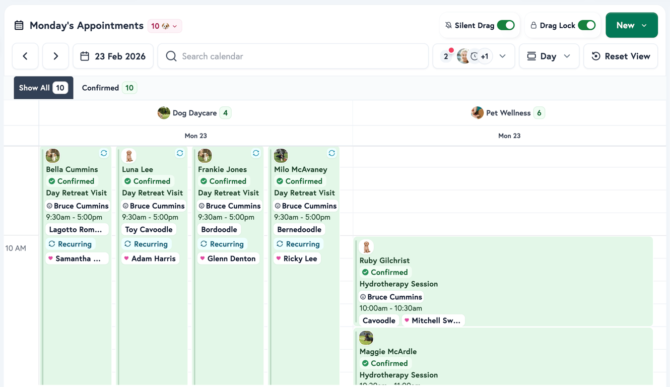 Petboost scheduler day view showing appointments with status badges and pet photos