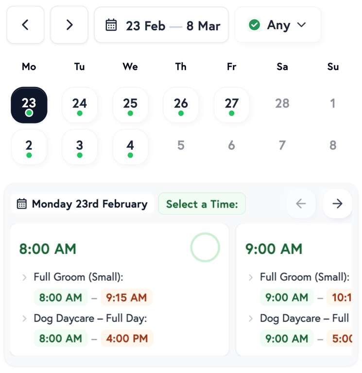Petboost booking calendar showing combined availability for Full Groom and Dog Daycare on the same day, with time slots displaying both services side by side