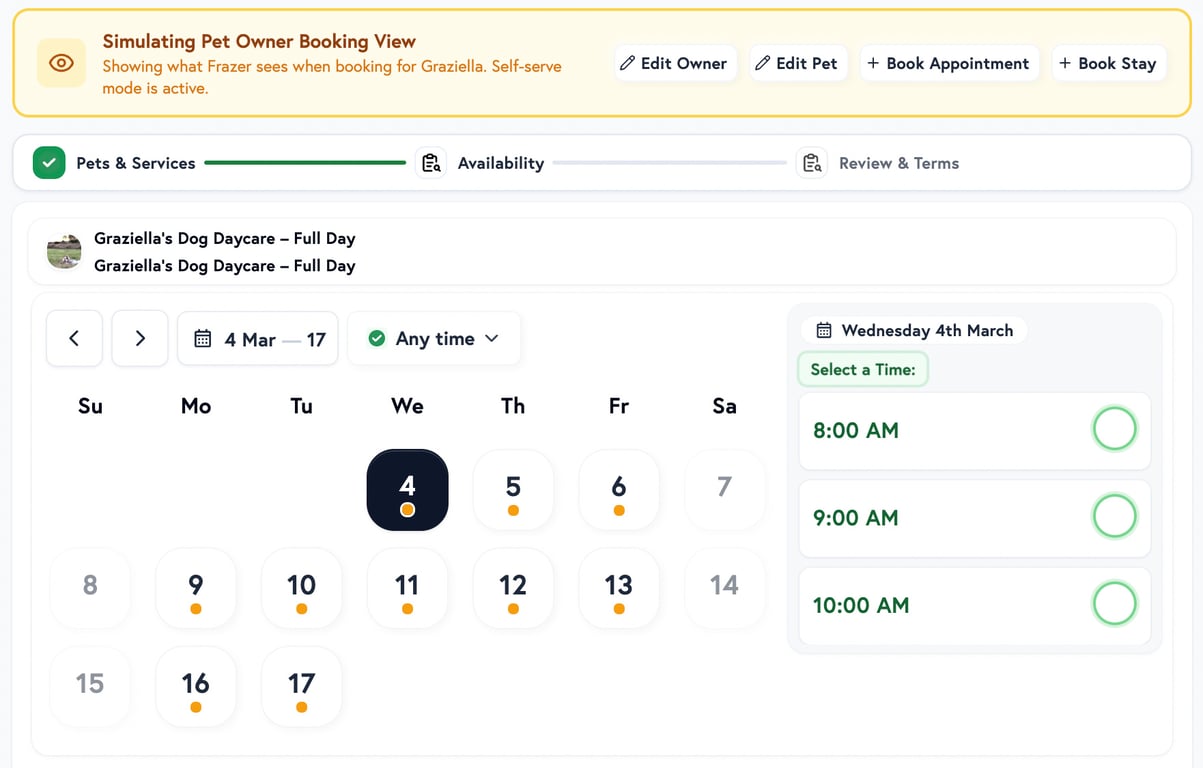 Simulated booking calendar showing available dates with green dots and time slot selection for Wednesday 4th March