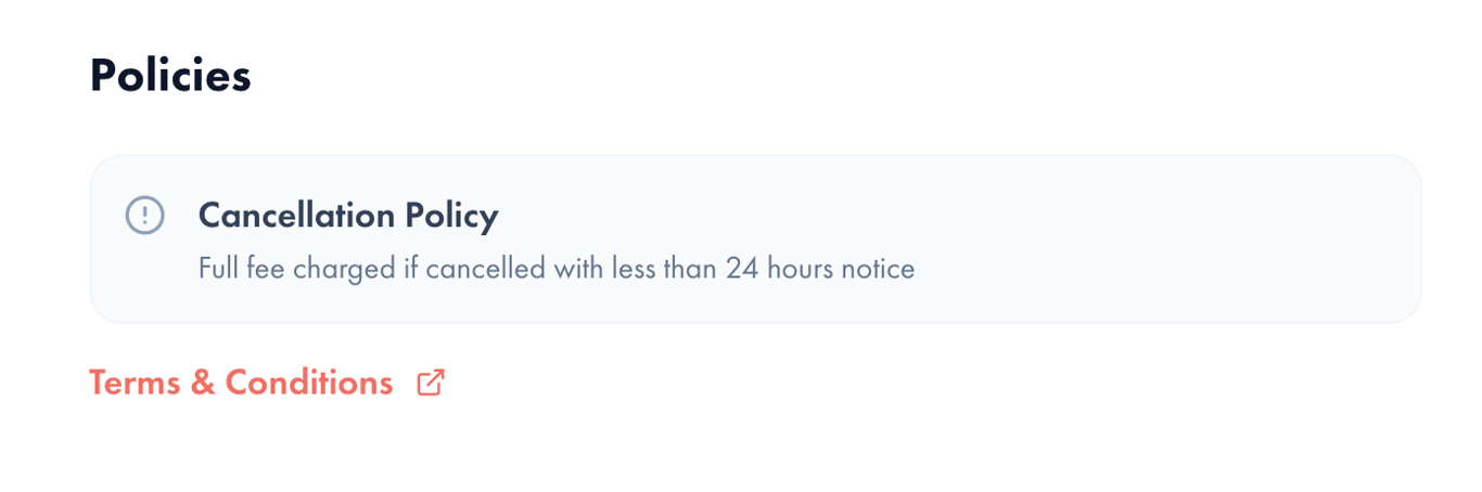 Policies section showing cancellation policy with fee notice and Terms and Conditions link