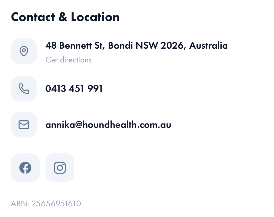 Contact and Location section showing address, phone, email, Facebook and Instagram links, and ABN