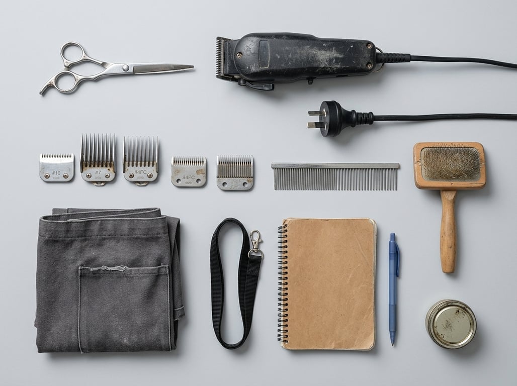 Overhead flat-lay of a new pair of grooming shears, a starter clipper, four blades, a steel comb, slicker brush, folded apron, notebook and blade oil