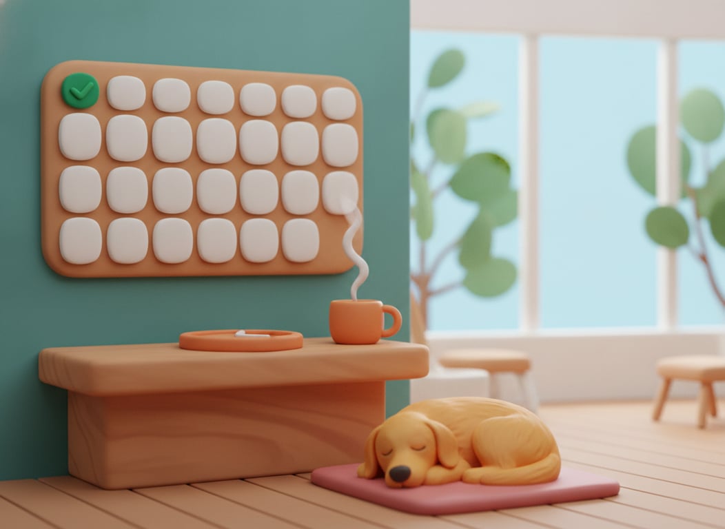 3D clay illustration of a wall planner of blank cells with a single green tick in the first one, a clock and a steaming orange mug on the counter below, and a dog asleep on a mat in an empty salon