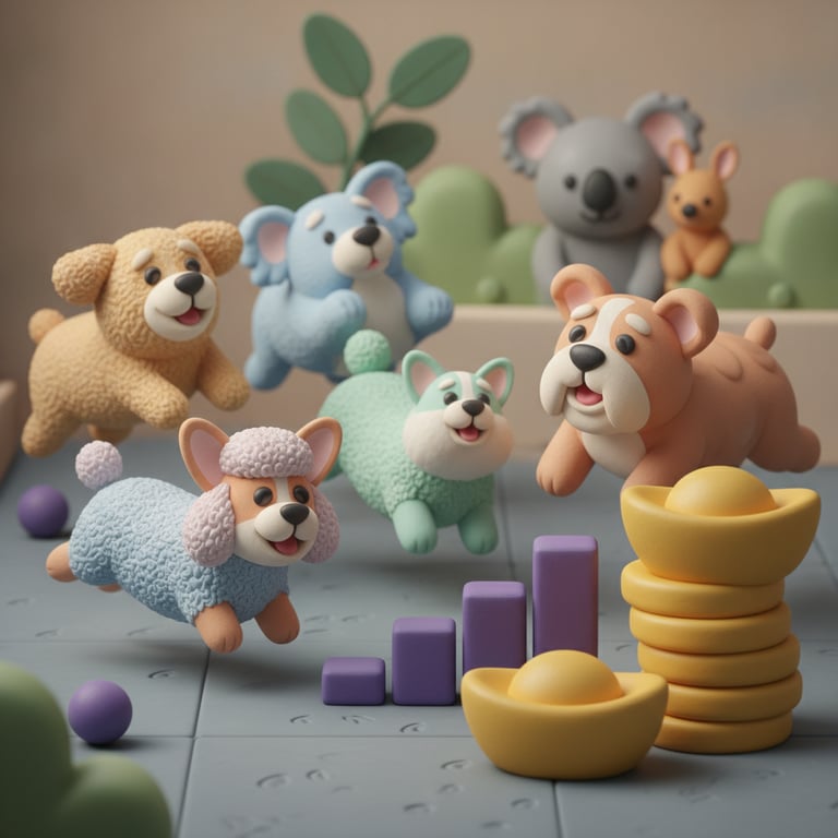 A 3D clay-style illustration of happy dogs playing in a daycare with a stack of gold coins and a rising bar chart, in the Petboost brand style