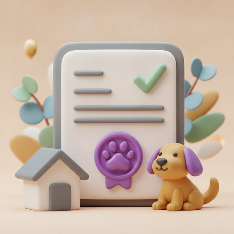 A 3D clay-style illustration of a permit certificate with a paw seal and a green tick beside a small house and a dog, in the Petboost brand style