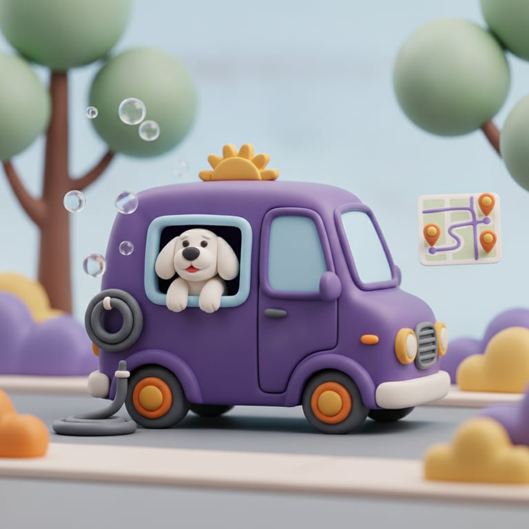 A 3D clay-style illustration of a mobile dog-grooming van with a dog in the window and a small route map, in the Petboost brand style