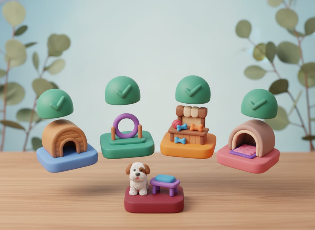 Four 3D clay pet business types on raised tiles, a boarding kennel, a training ring, a shop counter and a shelter, each topped with a green tick, and a grooming table set apart at the front with no tick