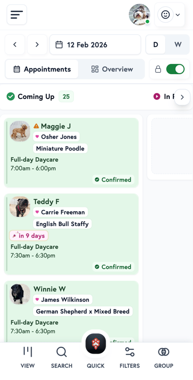 Petboost iPhone app showing mobile scheduling view