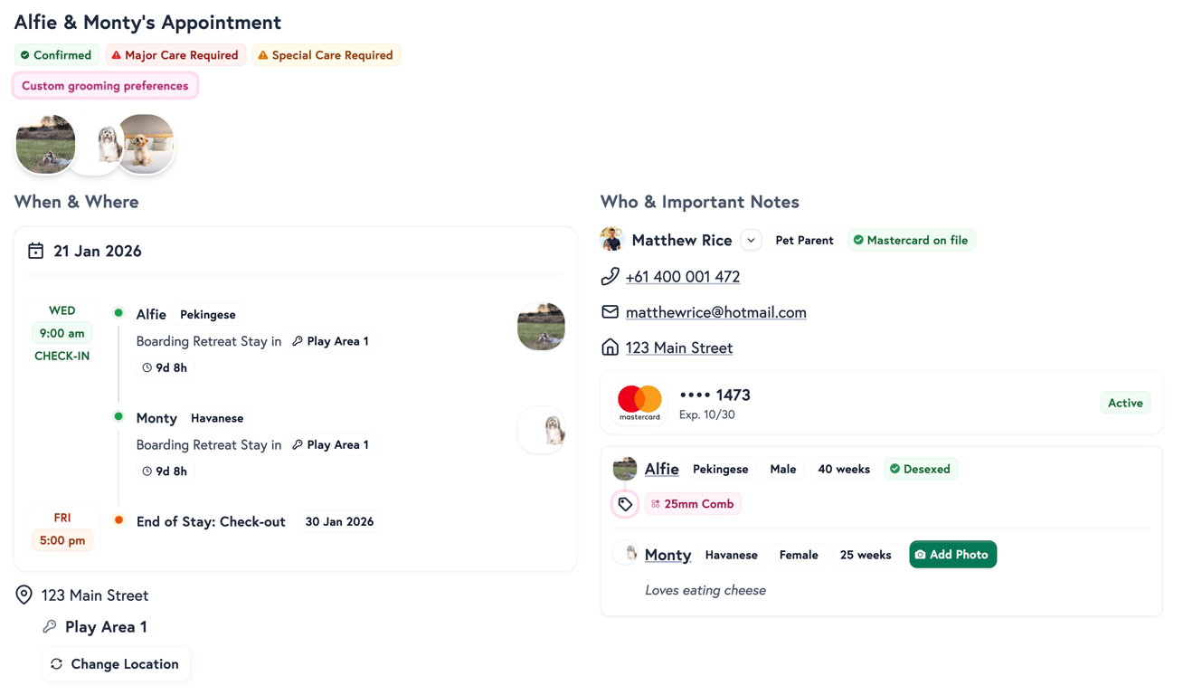 Petboost appointment view showing Alfie and Monty stay with timeline, customer details, and pet cards