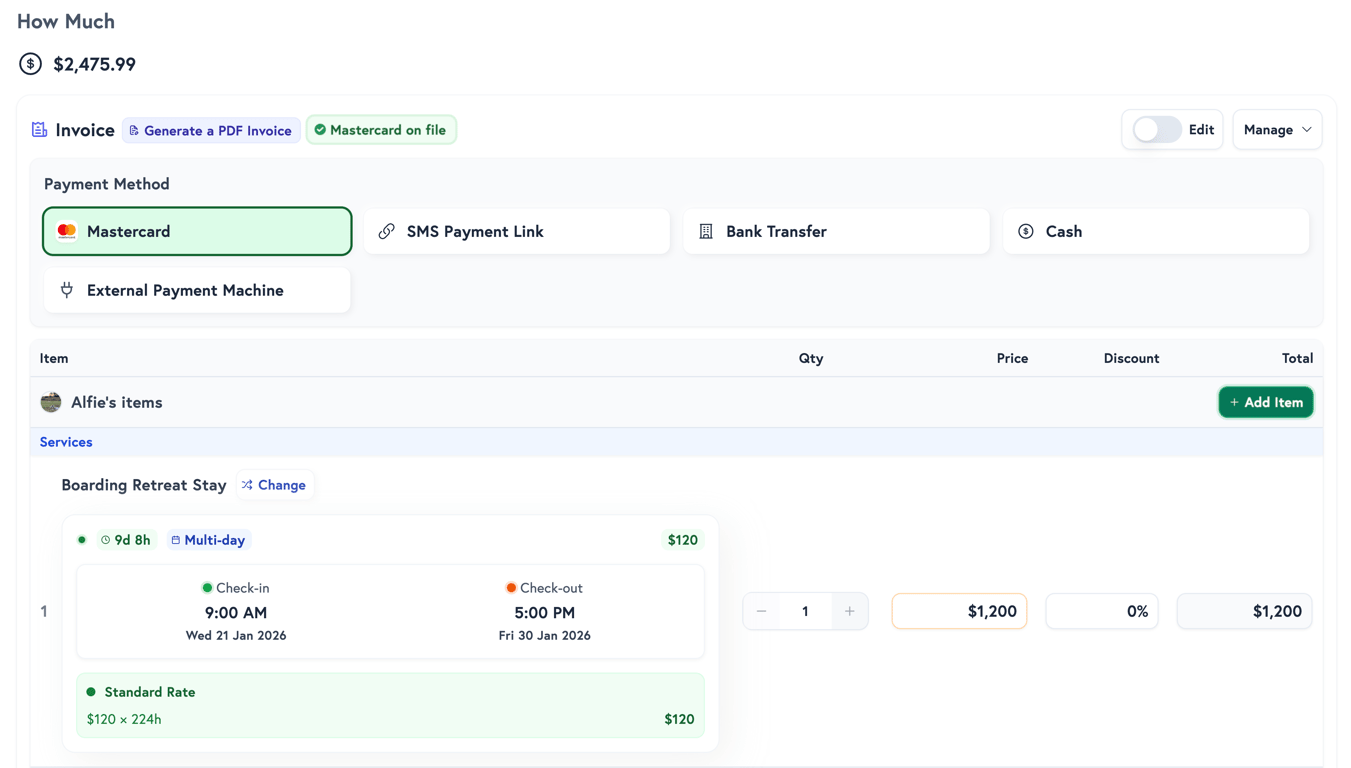 Petboost invoice showing payment methods and per-pet line items with rate breakdown
