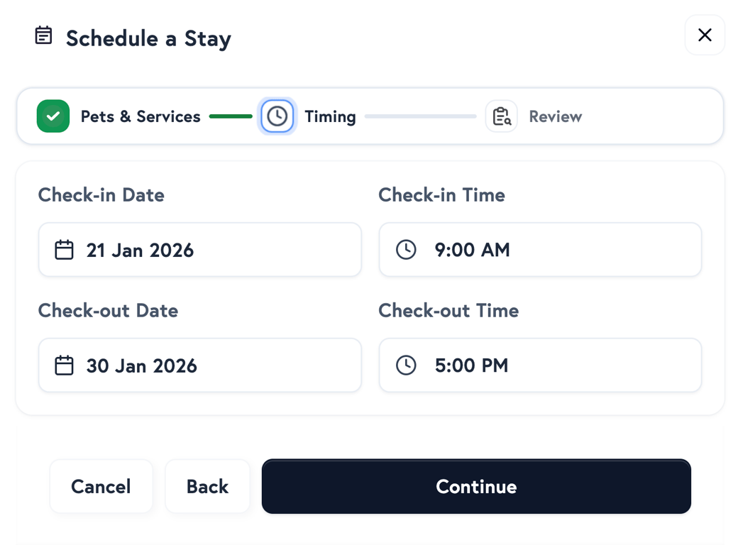 Stay services calendar showing multi-night boarding appointments and check-in/out times