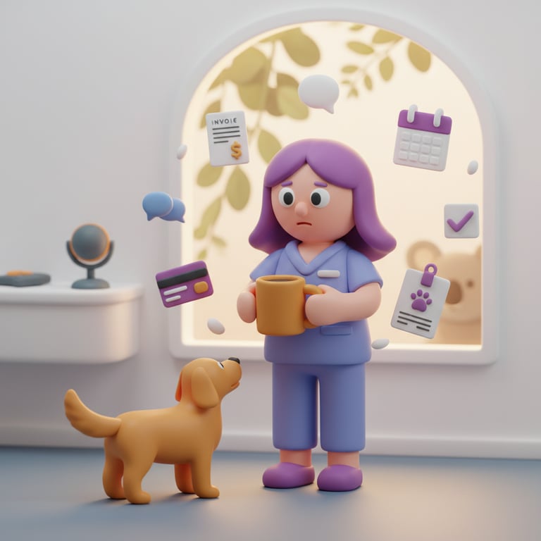 Kukla 3D illustration of a pet groomer holding a coffee, surrounded by floating admin task icons while a golden retriever waits for attention