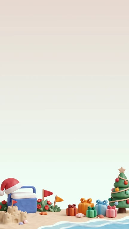 Christmas header with a clay golden retriever in a Santa hat on the beach