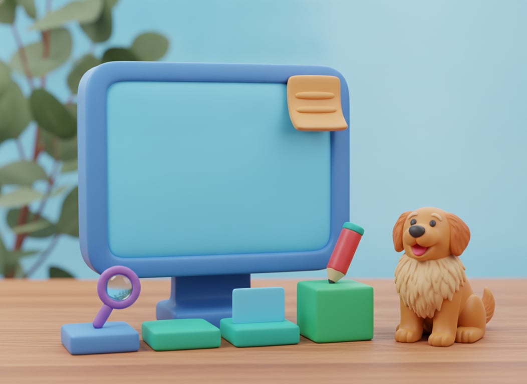3D clay illustration of a monitor with a blank amber sticky note on its corner and three tiles in a row at rising heights carrying a magnifying glass, a blank card and a pencil, with a dog sitting beside them